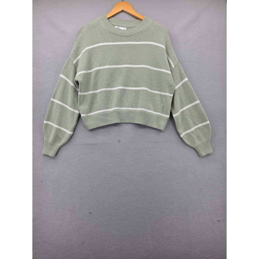 Hollister Sage Green Striped Cropped Crewneck Sweater Small Soft Cotton Blend